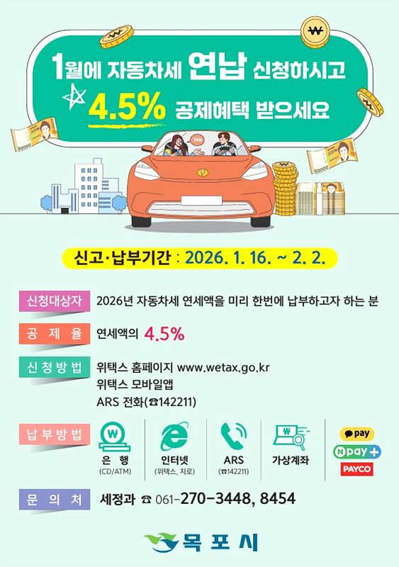 목포시, 1월은 자동차세 연납 신고·납부의 달